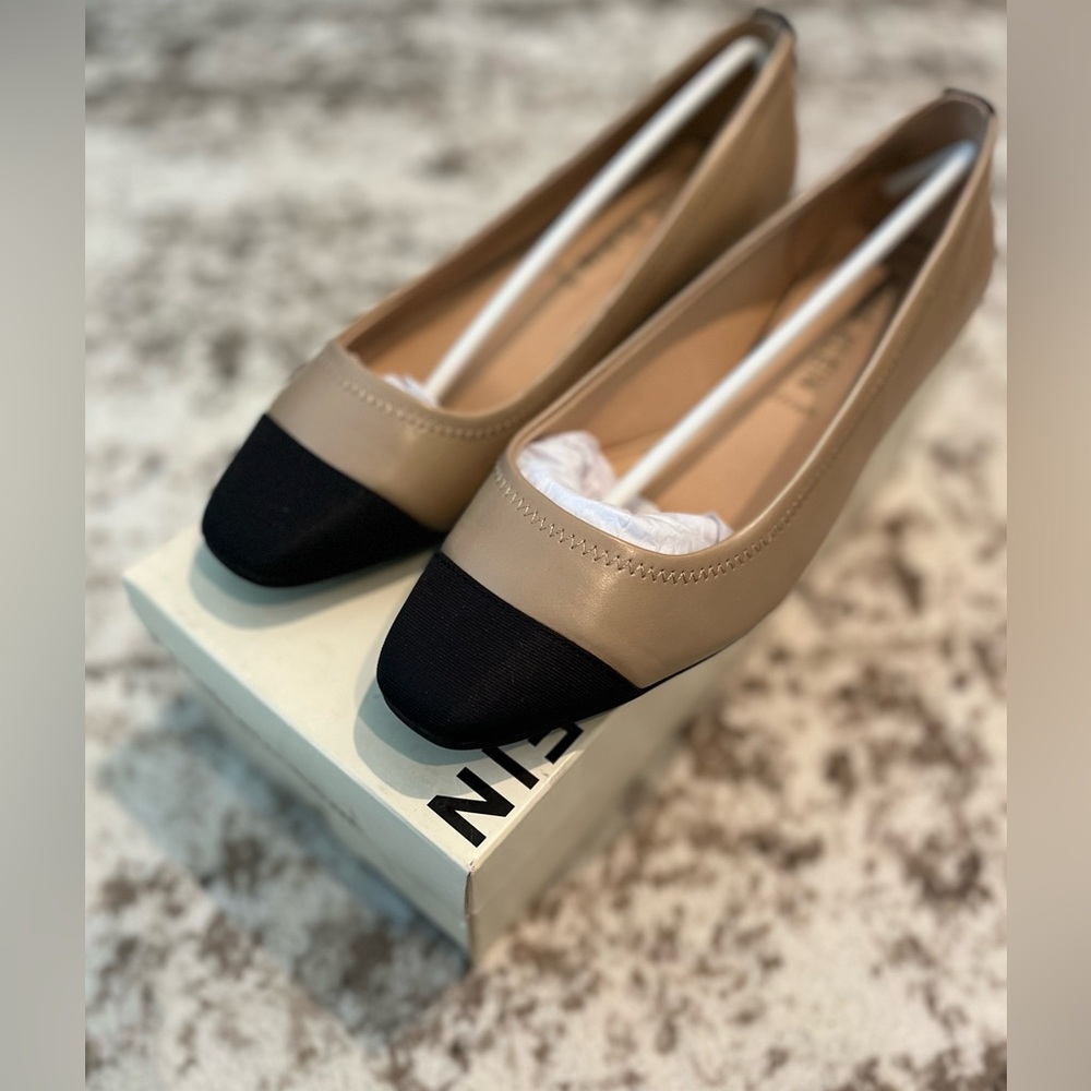 Anne Klein Nude and Black Cap Toe Leather Flats